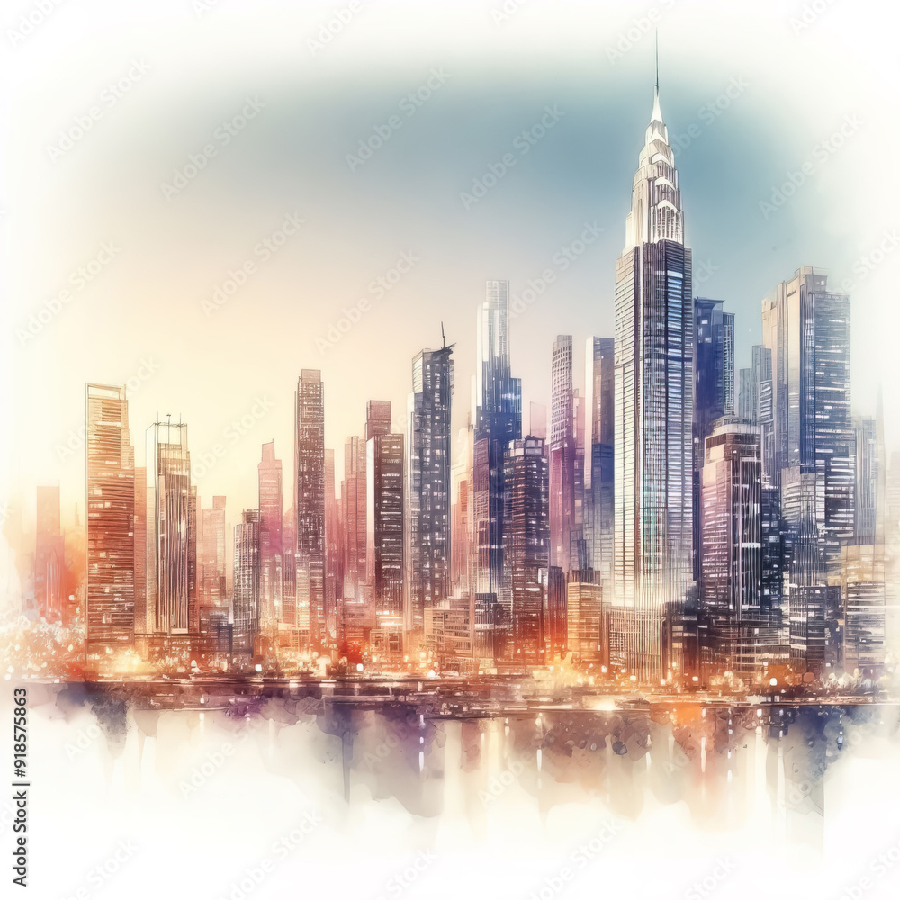 Fototapeta premium Beautiful modern city, watercolor painting