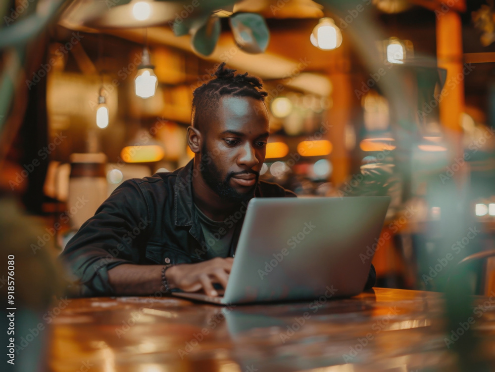 Young black man working on a laptop at a cozy cafe during the afternoon Young black man working on a laptop at a cozy cafe during the afternoon