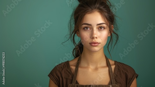 Young woman with long hair wearing an apron against a teal background, looking confidently at the camera