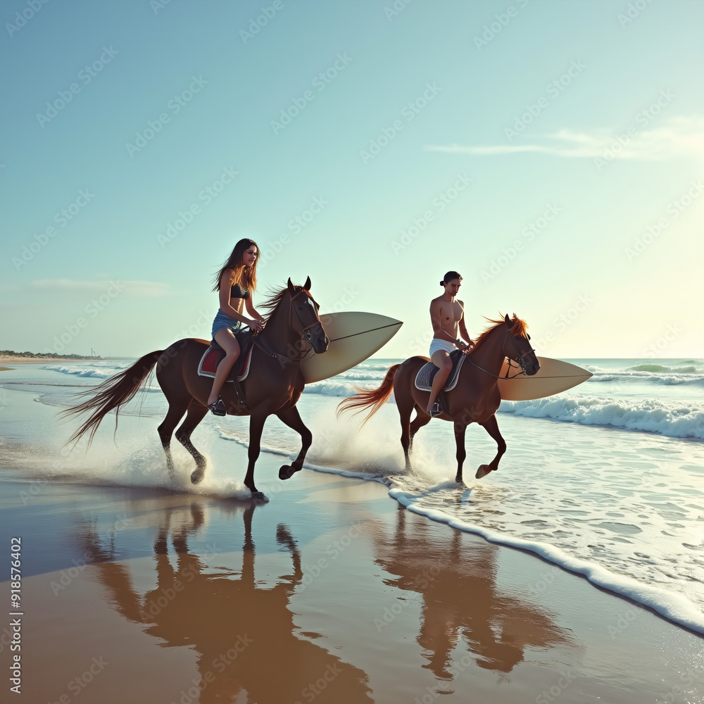 Horses and surfers sharing the beach Horses and surfers sharing the beach