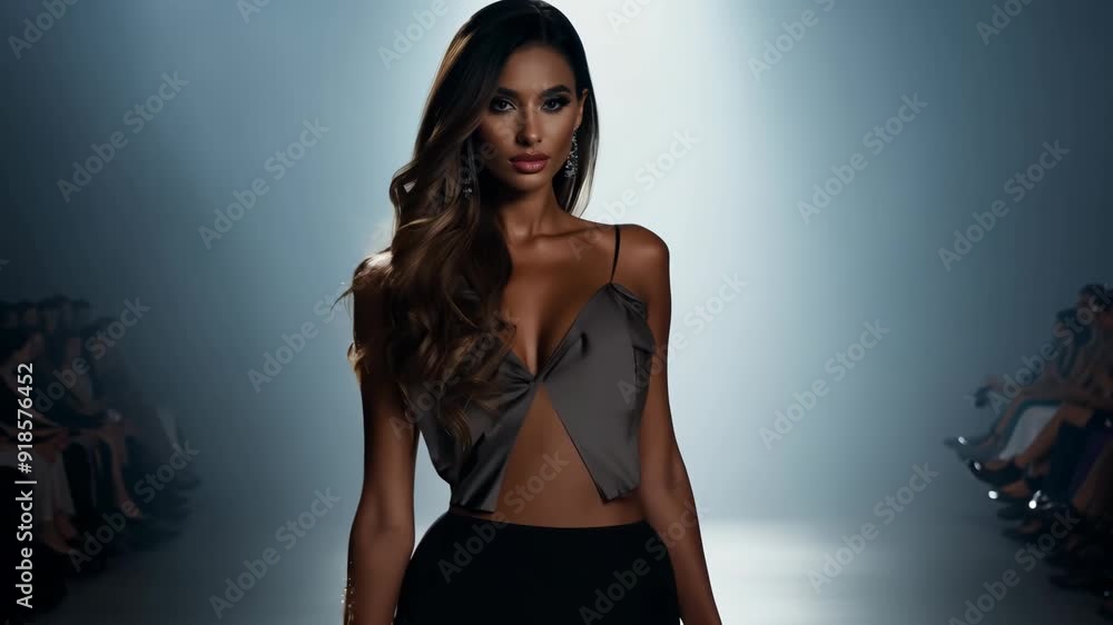 A stunning model walks confidently down the runway, showcasing a chic outfit as the audience admires the latest fashion trends. A stunning model walks confidently down the runway, showcasing a chic outfit as the audience admires the latest fashion trends.
