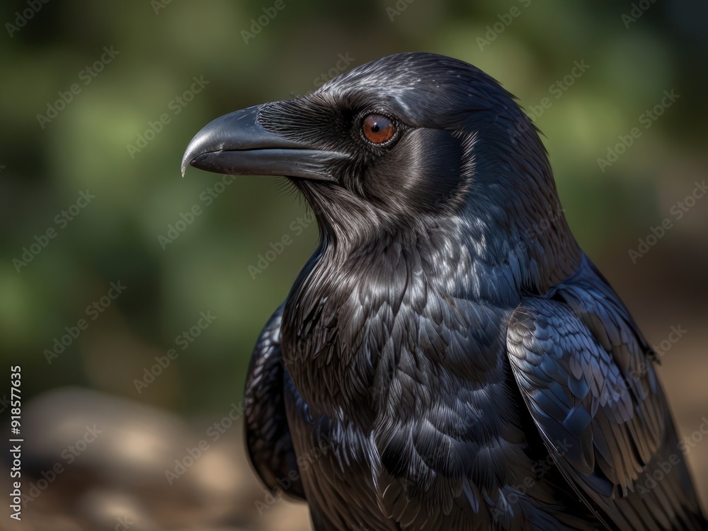 Fototapeta premium Close-Up of a Majestic Raven with Intricate Feather Detail in Focus