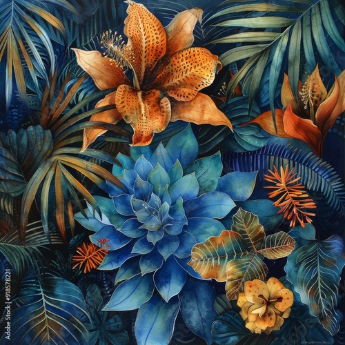 Floral watercolor pattern for silk shawl with irises, succulents, branches and leaves. Green, blue and orange are natural shades.