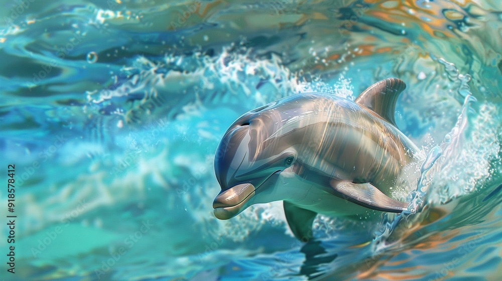 Obraz premium A close-up of a dolphin swimming in water with a wave heading its way