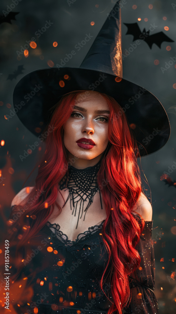 Striking red-haired woman dressed as a witch, wearing a gothic choker and black hat, surrounded by glowing embers and bats, set against a dark, mystical background Striking red-haired woman dressed as a witch, wearing a gothic choker and black hat, surrounded by glowing embers and bats, set against a dark, mystical background