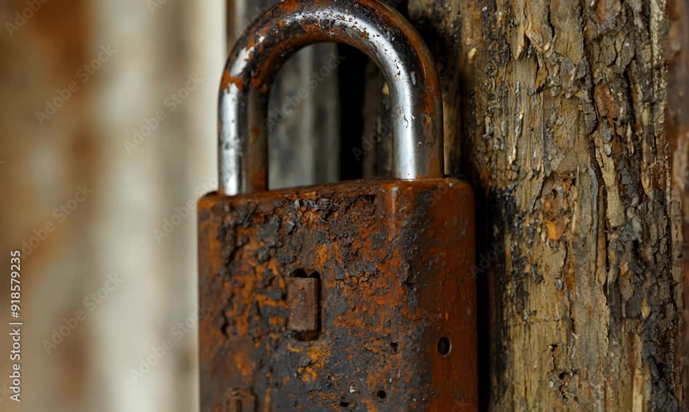 Close-up of Rusty Padlock on Weathered Door in Urban Exploration Close-up of Rusty Padlock on Weathered Door in Urban Exploration