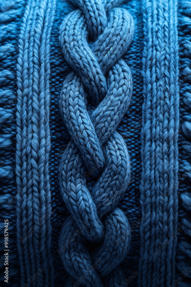Blue wool knitted pattern with pigtails. Background for a knitting or sewing shop. Part of the pattern on the sweater. Blue wool knitted pattern with pigtails. Background for a knitting or sewing shop. Part of the pattern on the sweater.
