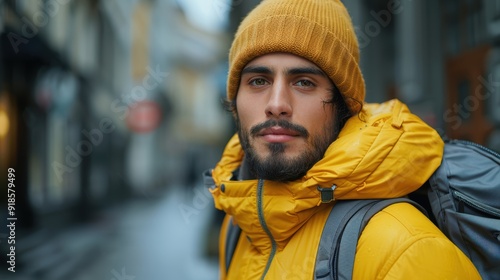 Young man in a yellow jacket and beanie walking in an urban setting on a cloudy day