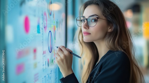 Businesswoman writing GNP analysis on a glass board photo