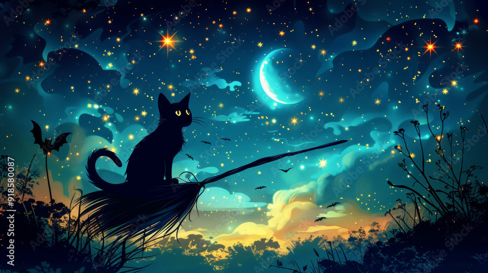 A black cat sits on a broomstick, gazing at a starry night sky with a glowing crescent moon, surrounded by bats and sparkling stars, creating a whimsical and magical atmosphere. A black cat sits on a broomstick, gazing at a starry night sky with a glowing crescent moon, surrounded by bats and sparkling stars, creating a whimsical and magical atmosphere.