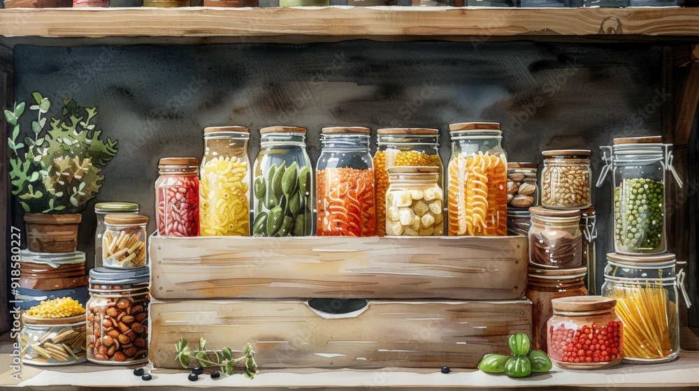 Colorful pantry jars on wooden shelf - generative ai Colorful pantry jars on wooden shelf - generative ai