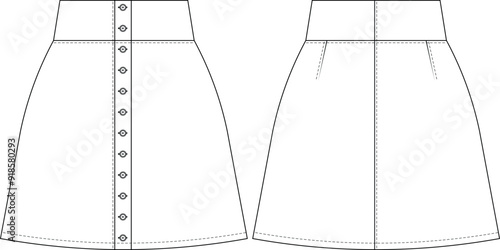 buttoned darted a line mini short skirt template technical drawing flat sketch cad mockup fashion woman design style model
