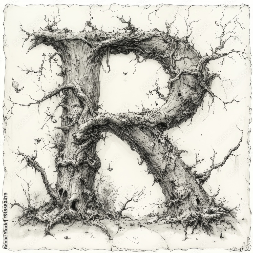 Illustration sketch of the letter R in a simple pencil. An unusual graphic letter. The logo is in a Gothic retro style. Signature with monograms and branches. Illustration sketch of the letter R in a simple pencil. An unusual graphic letter. The logo is in a Gothic retro style. Signature with monograms and branches.