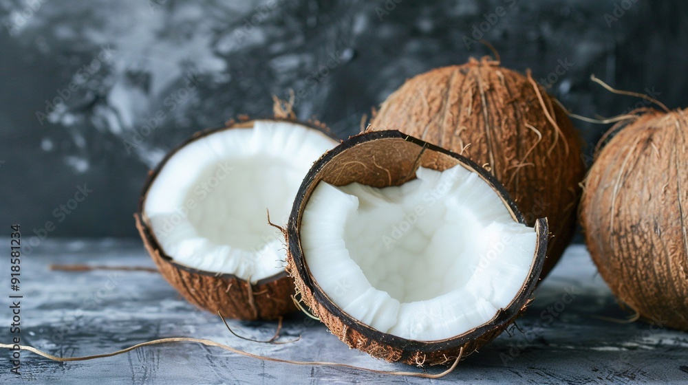 A pair of coconuts resting on a wooden table beside a dark wall A pair of coconuts resting on a wooden table beside a dark wall