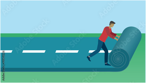 Man rolling out the road forward. Plan and strategy for future. Dimension 16:9. Vector illustration.