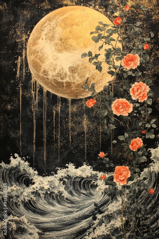 Obraz premium Golden moons, red roses and stars on a black or dark blue textured background. A postcard or wallpaper.