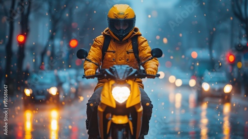 A motorcyclist in a yellow jacket rides through a rainy city street at dusk with traffic lights glowing red