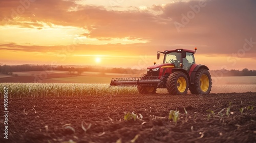 Farmer with tractor on white corn farm at sunset in spring.