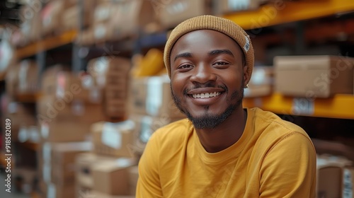 Young man smiling in a yellow sweater and beanie inside a warehouse filled with boxes during daylight