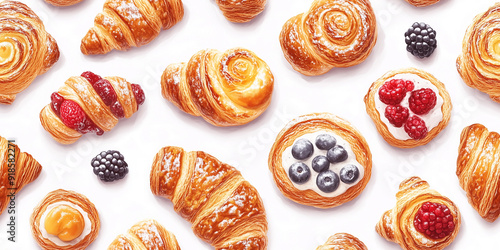 Selection of pastries, from croissants to fruit-filled danishes, perfectly baked, seamless pattern