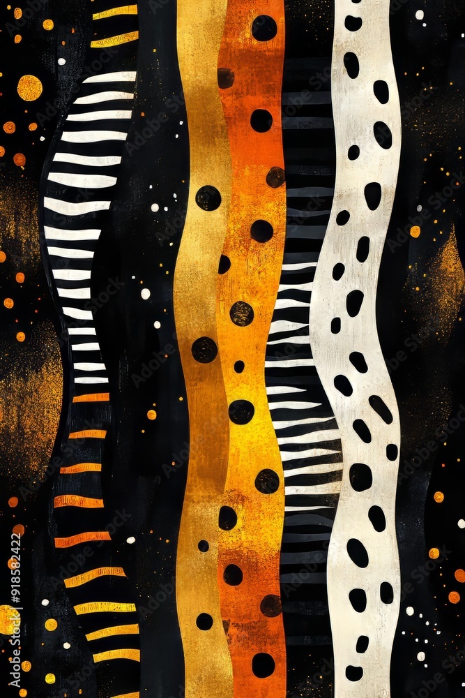 Obraz premium Tribal stripes pattern background showcasing alternating bands of stylized animal prints and abstract shapes in black, white, and gold, inspired by Aboriginal art.
