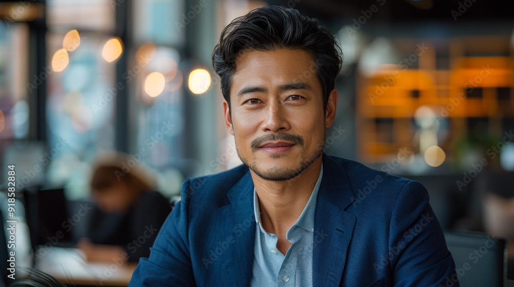 Confident Asian Businessman in Modern Office Smiling in Stylish Blazer Confident Asian Businessman in Modern Office Smiling in Stylish Blazer