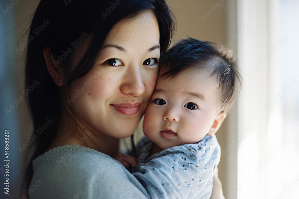 Asian mother lovingly embracing her newborn son, her serene smile capturing the tender bond between them Asian mother lovingly embracing her newborn son, her serene smile capturing the tender bond between them