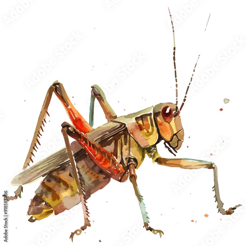 Watercolor vector of a cartoon Cricket (insect), isolated on a white background