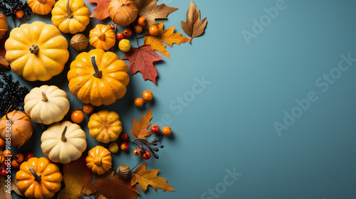 Top-down view of pumpkins, autumn leaves, and berries arranged on a blue surface with ample copy space, ideal for seasonal banners