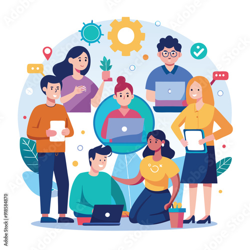 A group of coworkers providing business services vector art