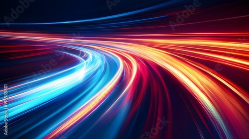  Modern abstract high-speed light effect. Abstract background with curved beams of light. Technology futuristic dynamic motion. Movement pattern for banner or poster design background concept.