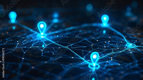 Digital GPS, neon map pin location.  Innovation navigation technology concept, network connection, information pointers