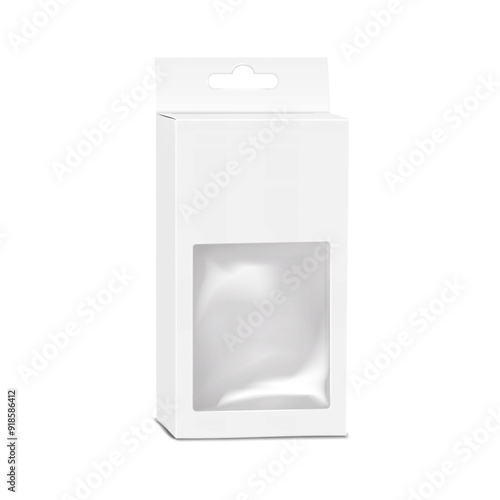Blank white paper box with clear plastic window and euro slot. Realistic 3d vector mock-up. Cardboard box with hanging hole. Mockup. Empty paperboard container packaging. Template for design