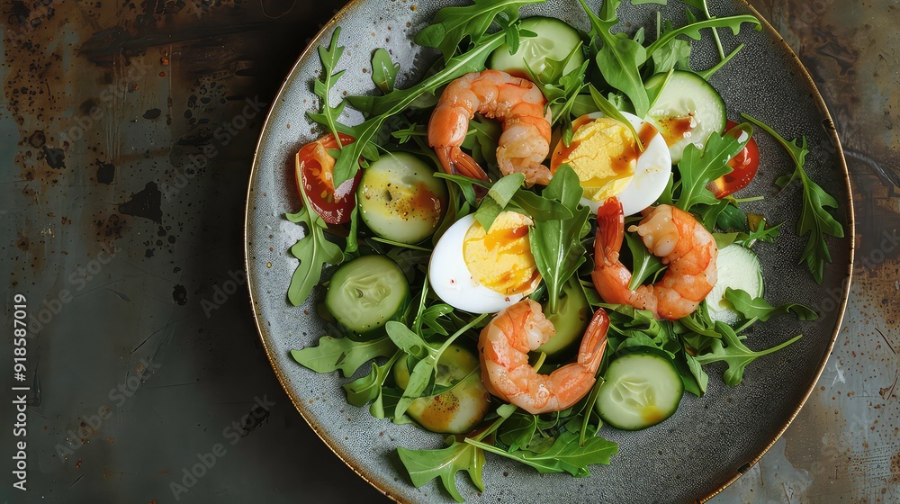 A close-up of a salad with shrimp, cucumber, arugula, and hard-boiled eggs in a gray ceramic bowl. A close-up of a salad with shrimp, cucumber, arugula, and hard-boiled eggs in a gray ceramic bowl.
