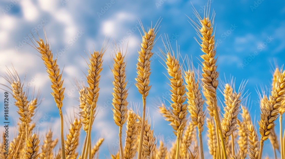 Golden wheat field under a bright blue sky with white clouds. A vibrant depiction of agriculture. Macro view of ripe wheat ears swaying in the wind. Ideal for backgrounds or nature-themed designs. AI Golden wheat field under a bright blue sky with white clouds. A vibrant depiction of agriculture. Macro view of ripe wheat ears swaying in the wind. Ideal for backgrounds or nature-themed designs. AI