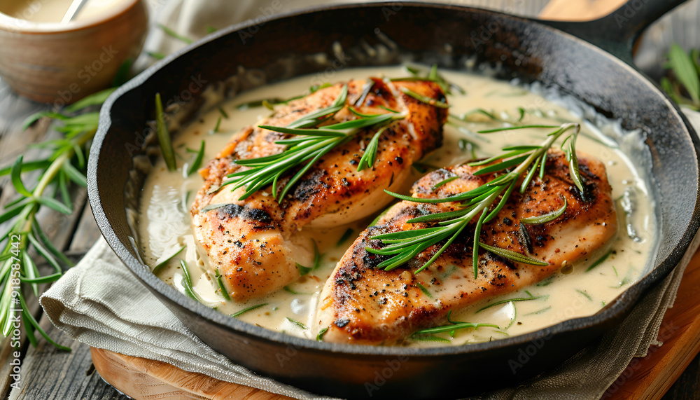 Cooked chicken breast seared in a cast iron skillet with creamy pan sauce Cooked chicken breast seared in a cast iron skillet with creamy pan sauce