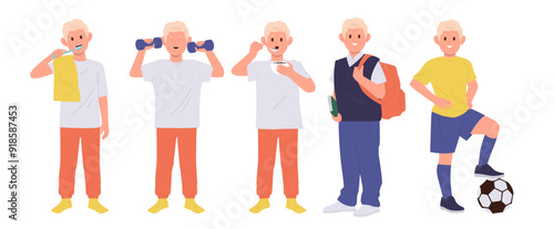 School boy cartoon character daily routine with hygiene, physical, education and hobby activity
