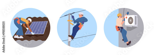 Professional industrial high-rise workers cartoon character providing qualified safety service work