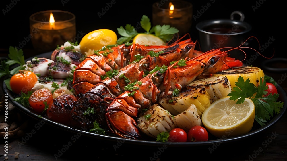 Seafood plate with shrimp, tomatoes, and lemon slices food photography AI Generated Seafood plate with shrimp, tomatoes, and lemon slices food photography AI Generated