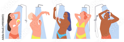 Diverse young people cartoon characters taking shower refreshing morning hygiene procedure set
