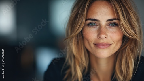 Blonde-haired woman smiling confidently in an indoor setting, representing modern lifestyle and joy, perfect for family, professional, and wellness content.