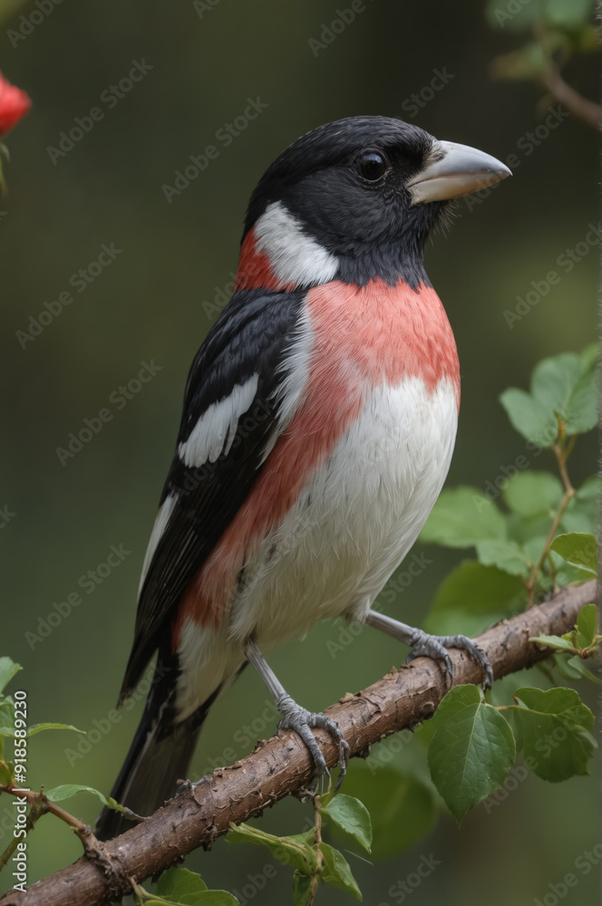Fototapeta premium Vibrant Rose Breasted Grosbeak Perched on a Branch