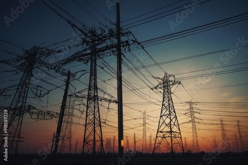 Silhouette Of Power Lines And Towers During A Vibrant Sunset
