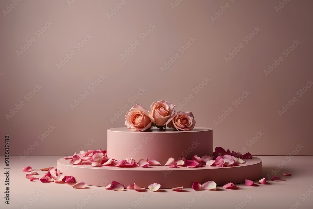 Elegant Pink Roses and Petals on Minimalist Display Stands Elegant Pink Roses and Petals on Minimalist Display Stands