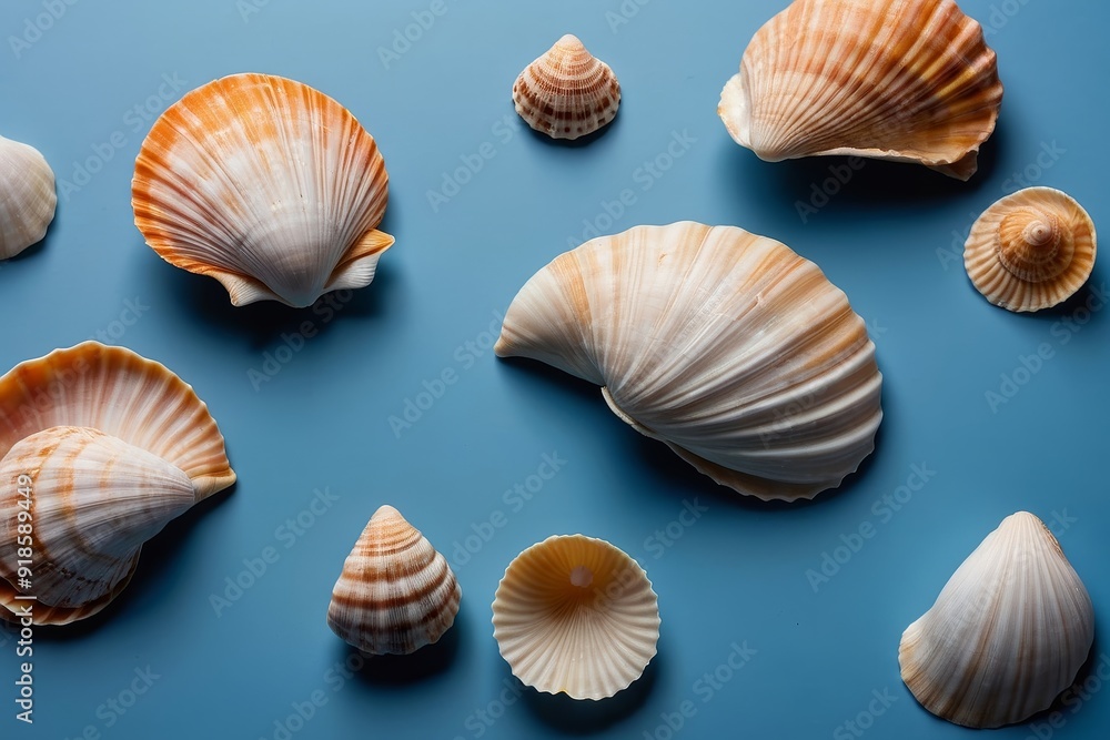 Assortment of Seashells on Blue Background Assortment of Seashells on Blue Background