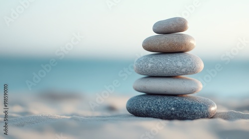 A composed arrangement of pebbles stacked with precision, standing against a clear sky background, symbolizing order, balance, and serenity in a natural setting.