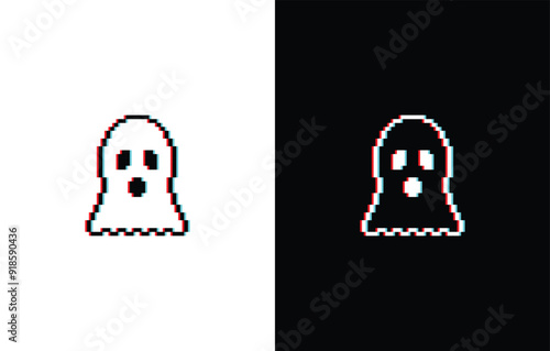glich effect ghost icon 8 bit, pixel art Halloween cartoon scary ghost icon for game logo.