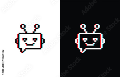 glich effect chatbot icon 8 bit, pixel art icon for game logo.