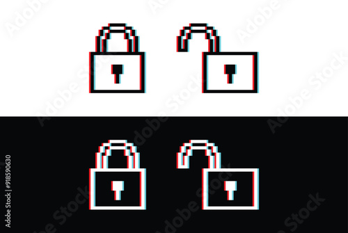 glich effect pixel lock unlock  icon vector pixel art for 8 bit game