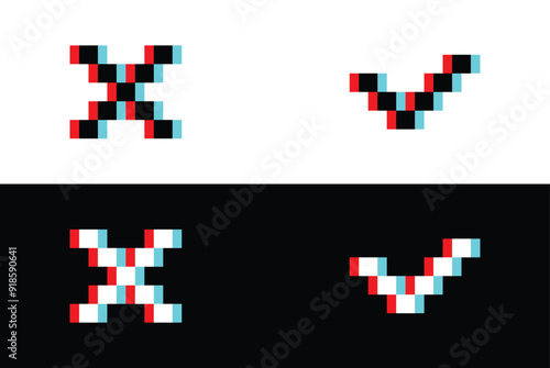 glich effect pixel check mark and X mark icons. yes, no icon